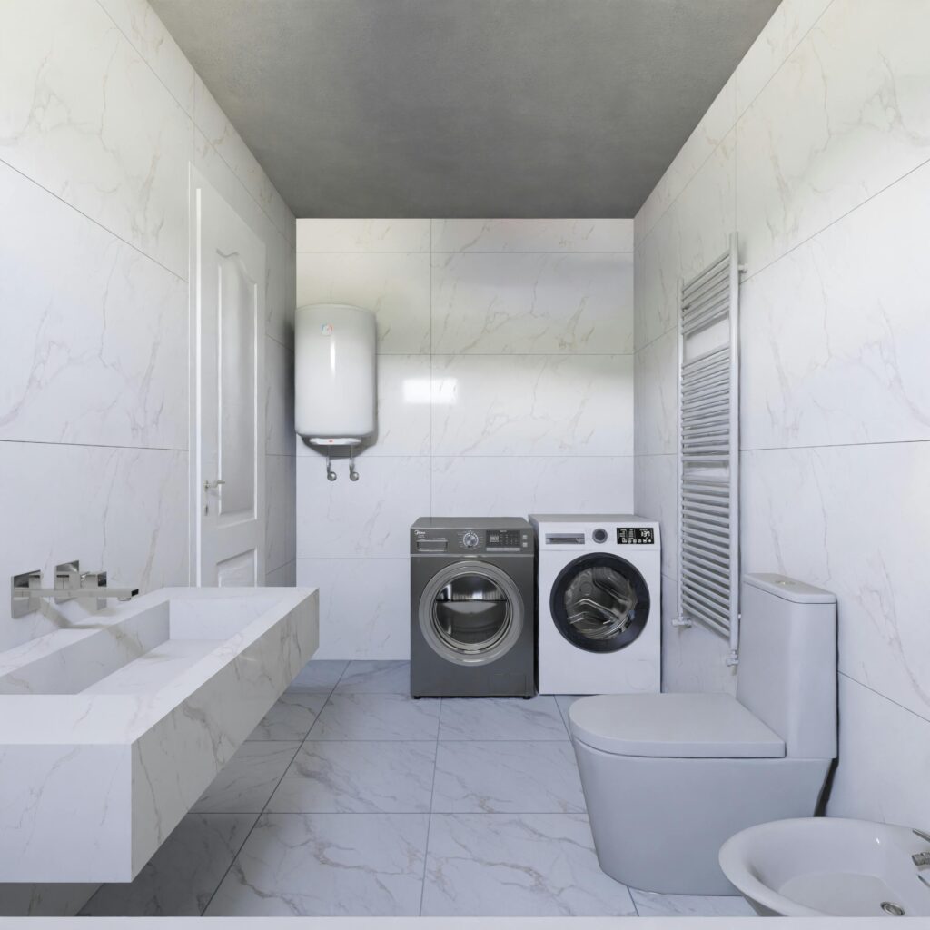 white laundry room with tankless water heater