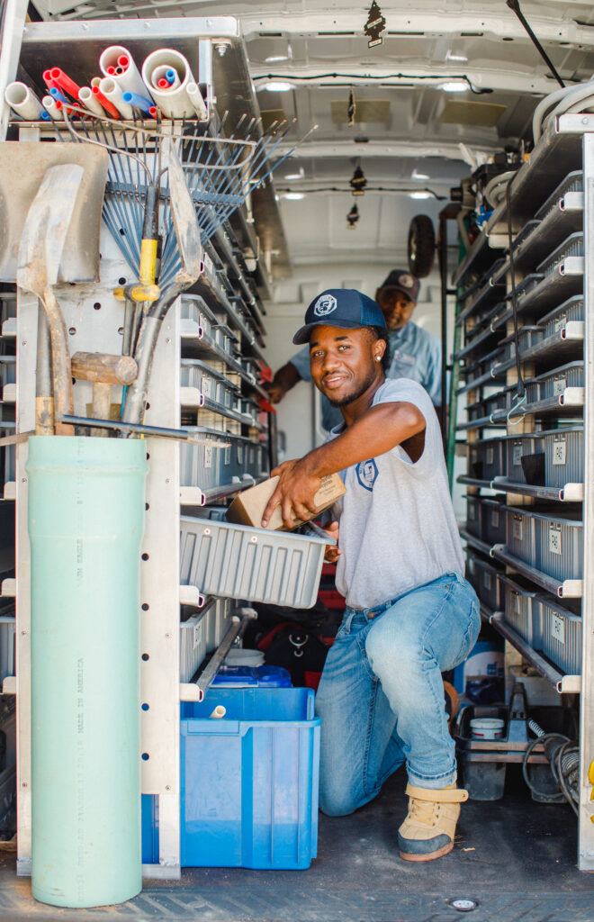 Meetze Plumber in Back of Van Opening Drawers